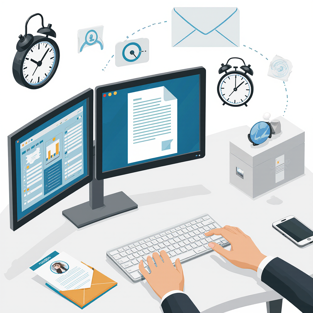 Illustration eines Übersetzungsarbeitsplatzes mit zwei Monitoren, Dokumenten, Uhrsymbolen und E-Mail-Icons – Symbol für einen effizienten digitalen Workflow.