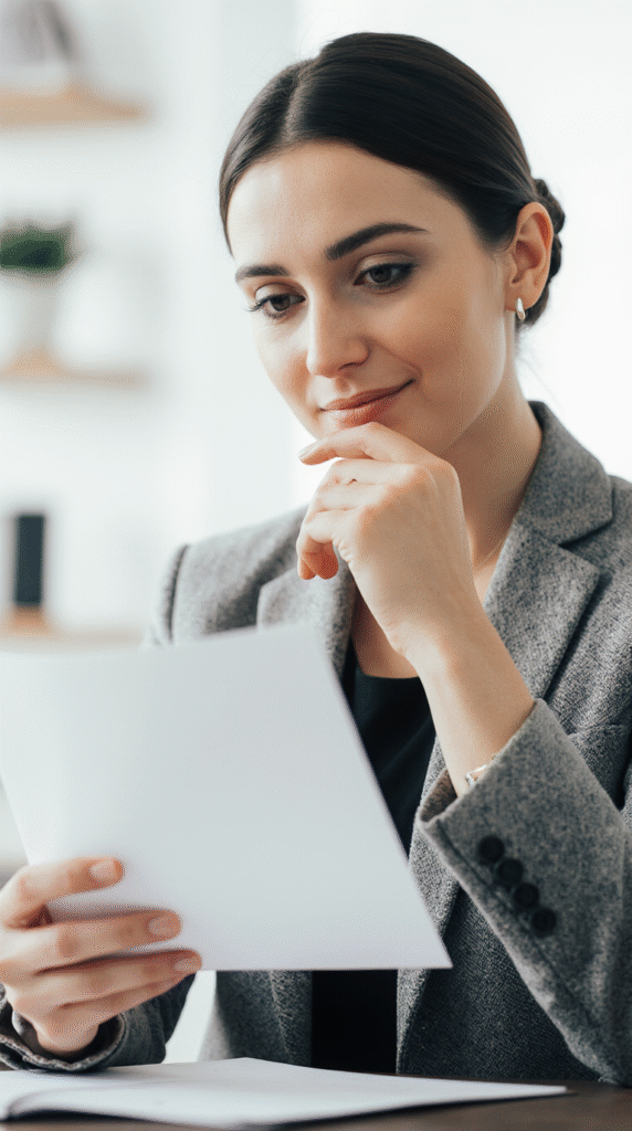 Eine Geschäftsfrau prüft aufmerksam ein Dokument in einem modernen Büro.