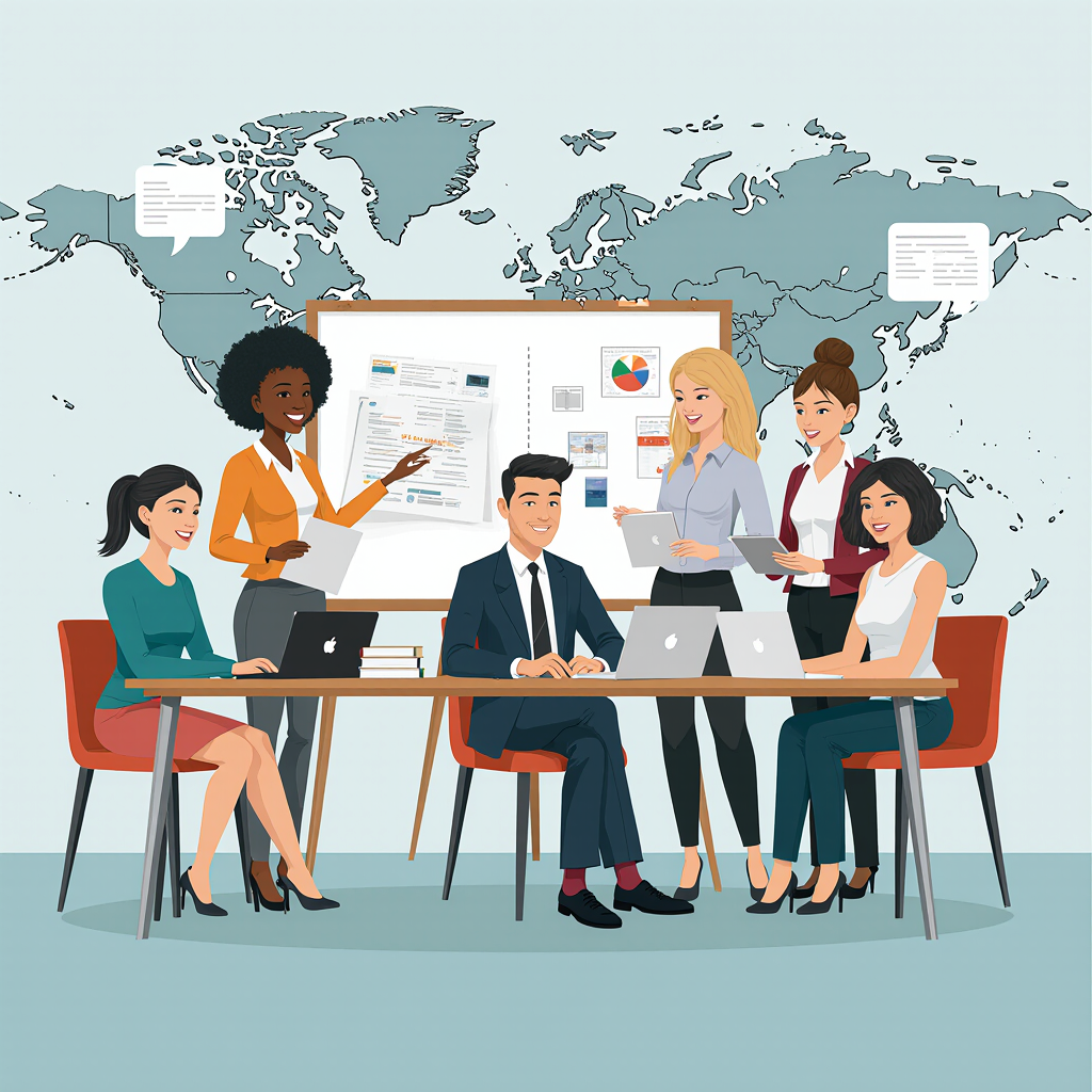 Illustration eines internationalen Übersetzerteams in einem modernen Büro mit Weltkarte im Hintergrund.