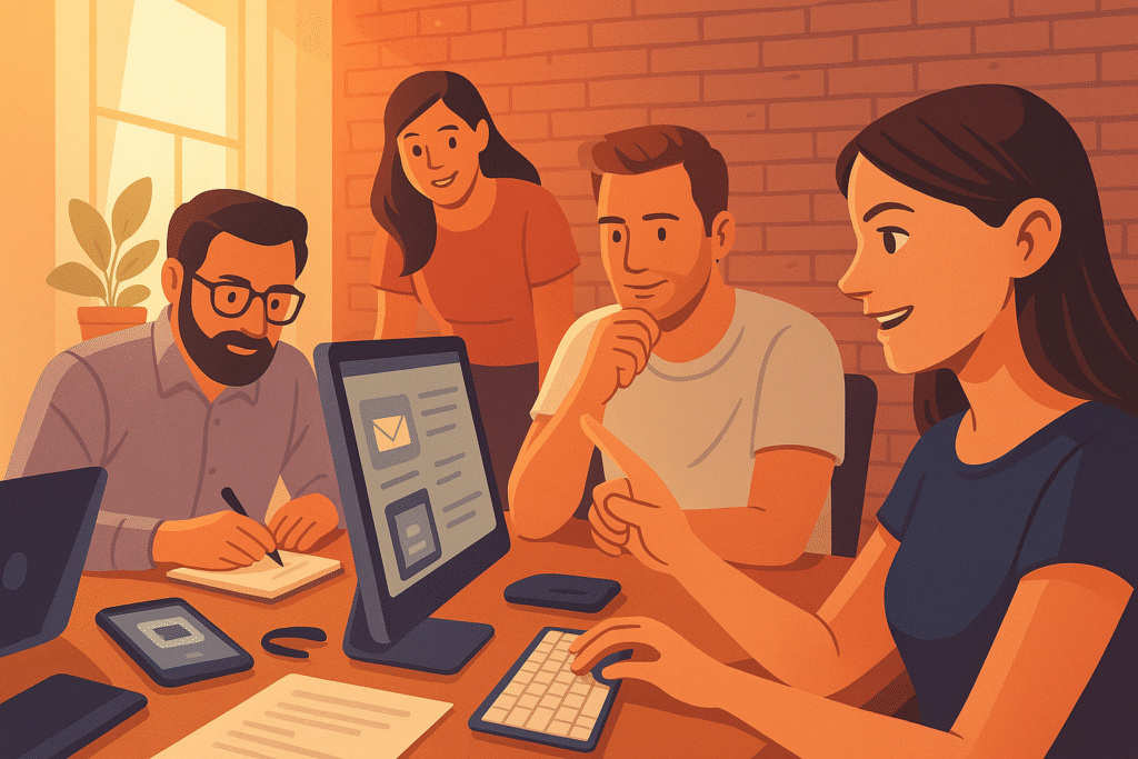 Illustration eines motivierten Teams bei einer kreativen Besprechung am Computer – moderne Zusammenarbeit in der Sprachdienstleistung.