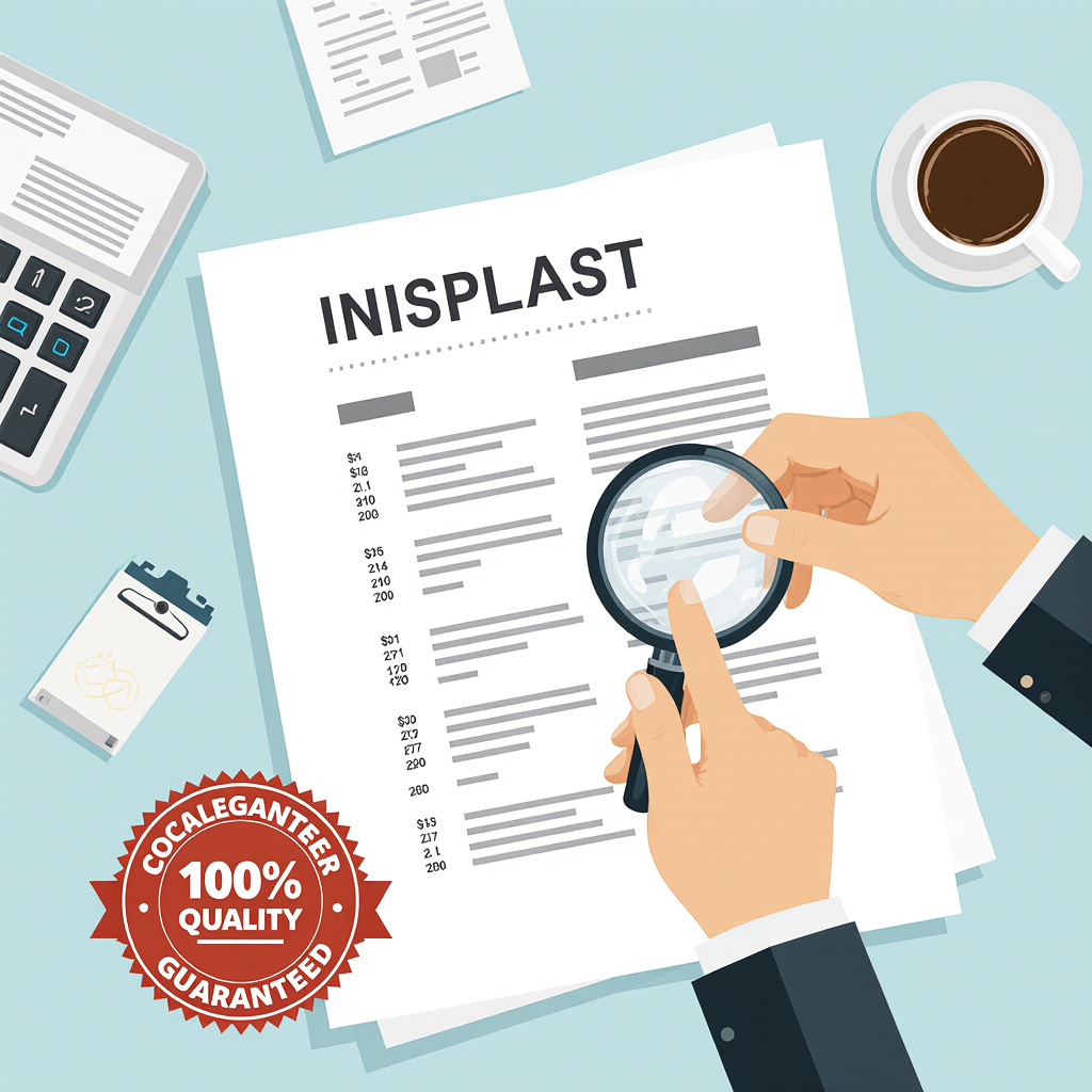 Illustration einer Preisübersicht mit Lupe und Qualitätssiegel auf einem aufgeräumten Schreibtisch.