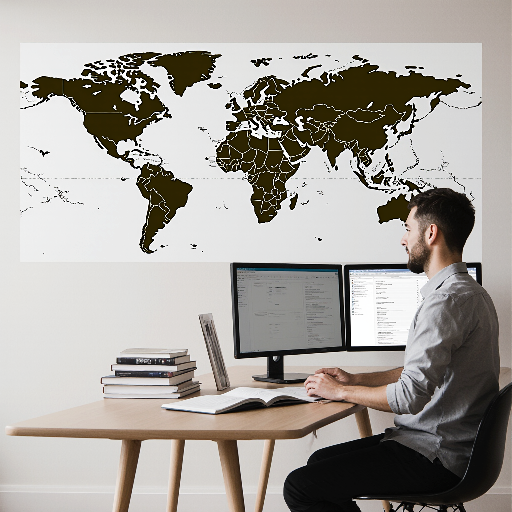 Ein Übersetzer arbeitet an zwei Monitoren mit einer Weltkarte im Hintergrund – Symbol für internationale Sprachdienstleistungen.