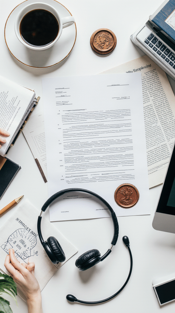 Ein stilvoll arrangierter Übersetzungsarbeitsplatz mit juristischem Dokument, Stempel, Headset und Arbeitsunterlagen.