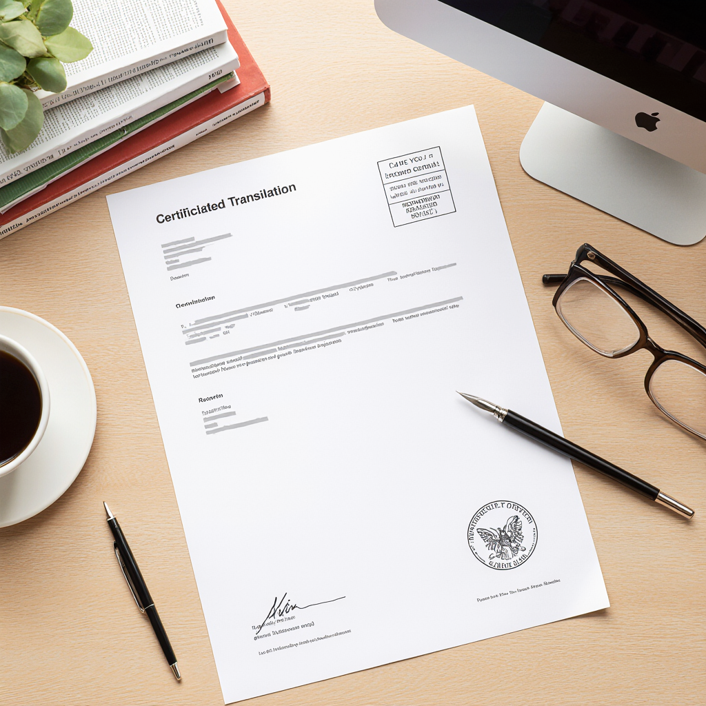 Ein zertifiziertes Übersetzungsdokument mit Stempel und Unterschrift liegt auf einem Schreibtisch.