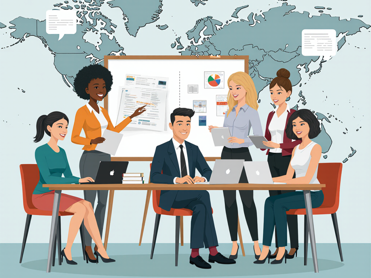 Illustration eines internationalen Übersetzerteams in einem modernen Büro mit Weltkarte im Hintergrund.