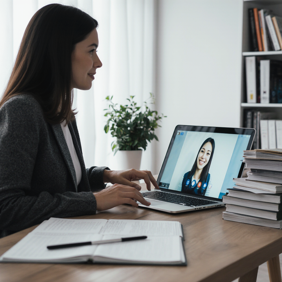 Eine Übersetzerin führt eine Online-Videoberatung mit einer Kundin durch, am Schreibtisch mit Laptop und Unterlagen.