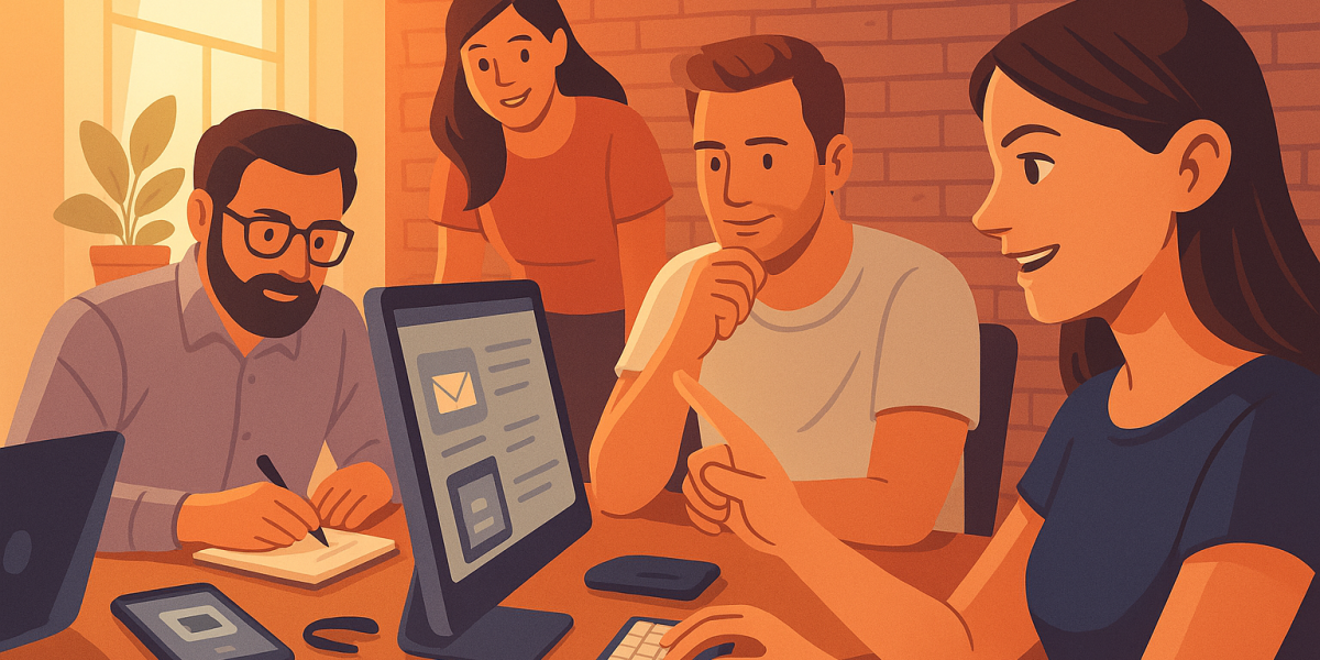 Illustration eines motivierten Teams bei einer kreativen Besprechung am Computer – moderne Zusammenarbeit in der Sprachdienstleistung.