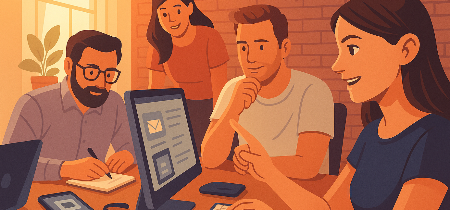 Illustration eines motivierten Teams bei einer kreativen Besprechung am Computer – moderne Zusammenarbeit in der Sprachdienstleistung.